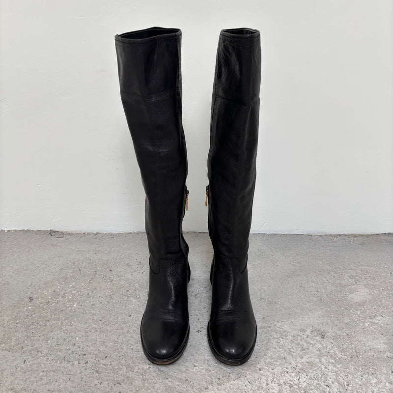 00s Prada Gold Buckle Knee High Leather Riding Boots