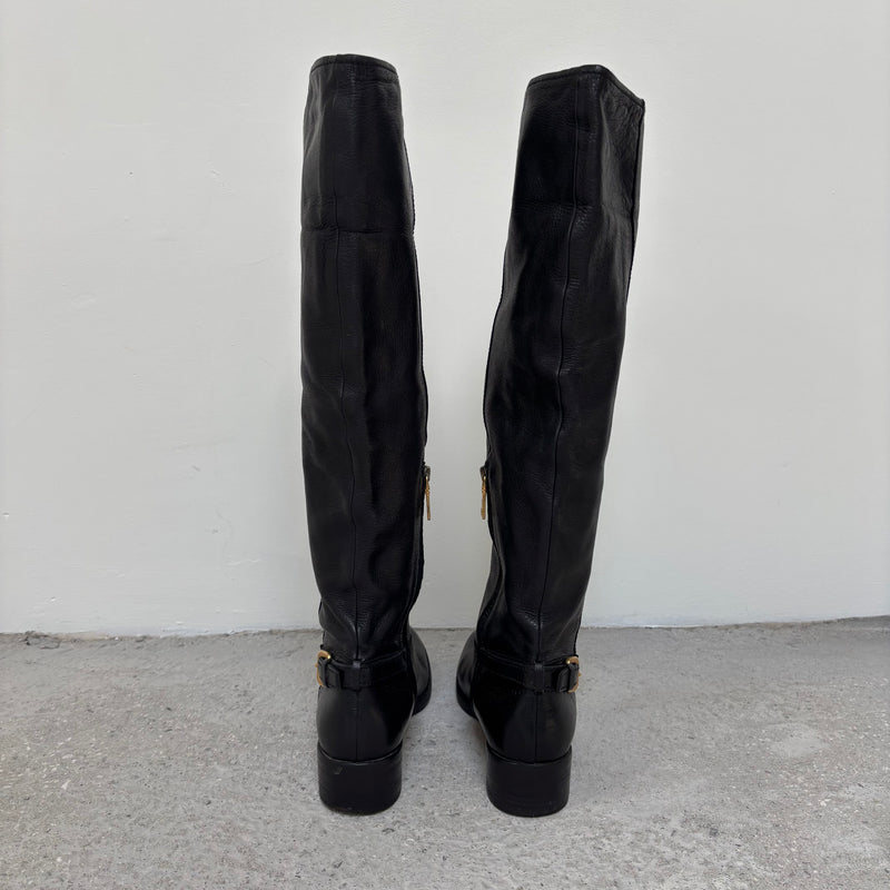 00s Prada Gold Buckle Knee High Leather Riding Boots