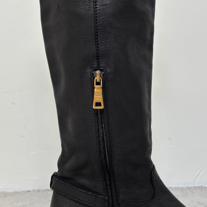 00s Prada Gold Buckle Knee High Leather Riding Boots