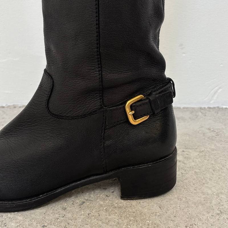 00s Prada Gold Buckle Knee High Leather Riding Boots