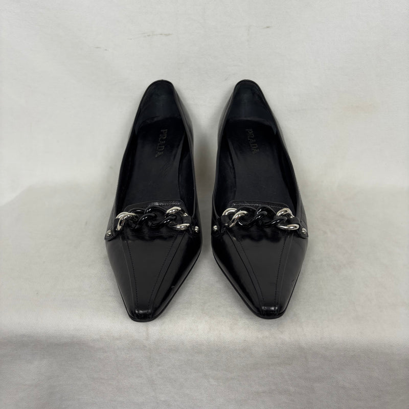Prada Pointed Chain Kitten Leather Heels