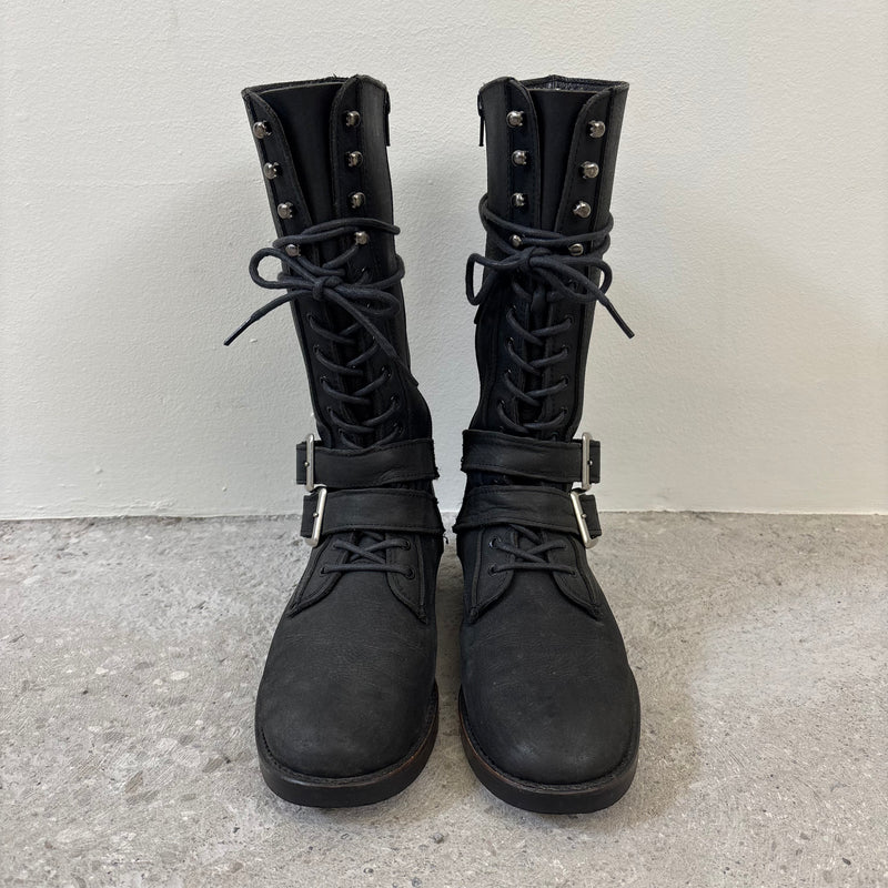 5351 Pour Les Femmes Tall Buckle Lace Up Leather Boots