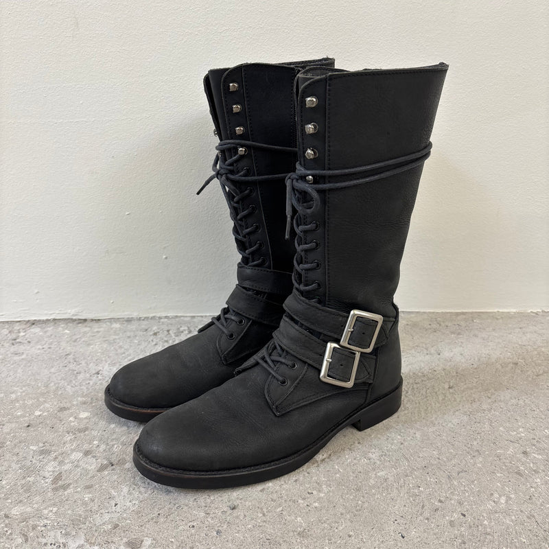 5351 Pour Les Femmes Tall Buckle Lace Up Leather Boots