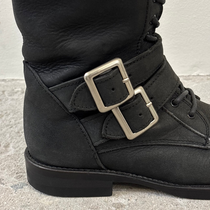 5351 Pour Les Femmes Tall Buckle Lace Up Leather Boots