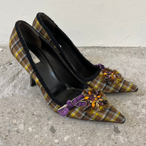 FW04 Prada Tartan Plaid Embellished Pump Heels