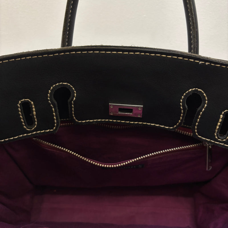 Contrast Stitching Leather Firkin Handbag