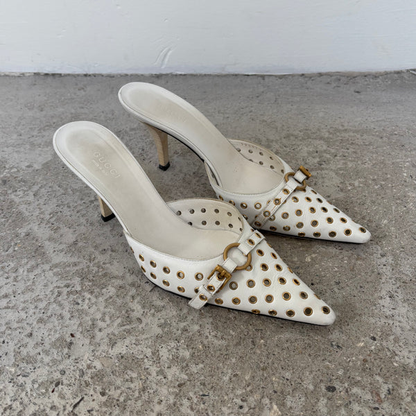 Gucci by Tom Ford Gold Grommet Pointed Leather Kitten Heels