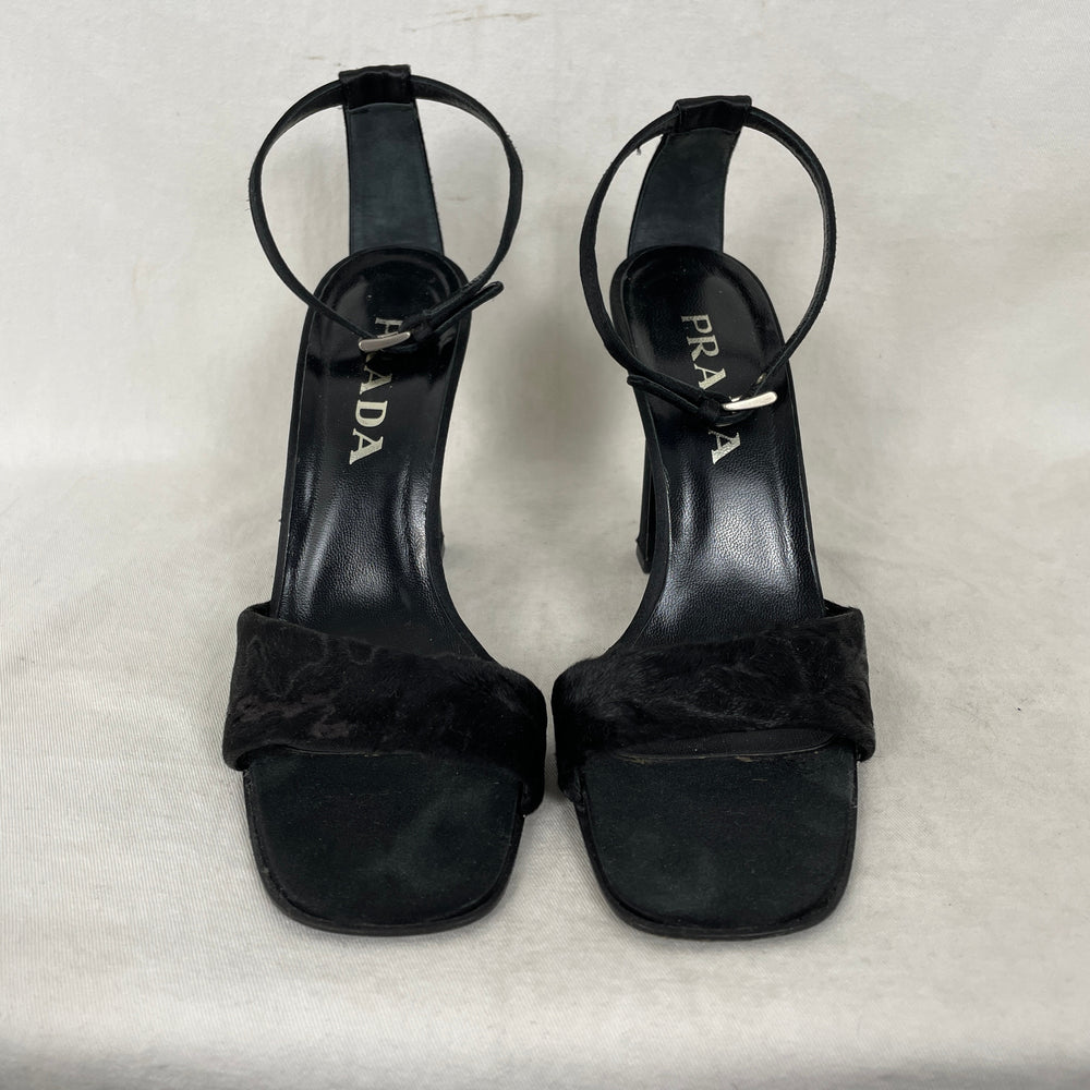 00s Prada Pony Hair Ankle Strap Heels