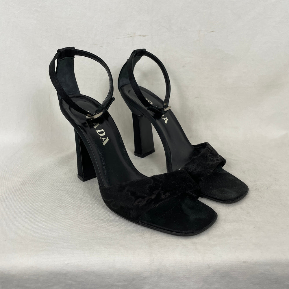 00s Prada Pony Hair Ankle Strap Heels