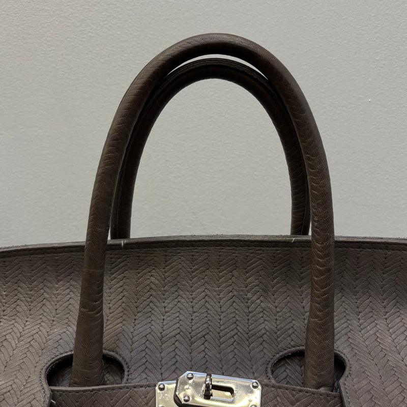 Grey Fishnet Patterned Leather Firkin Handbag