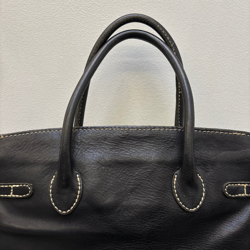 Contrast Stitching Leather Firkin Handbag