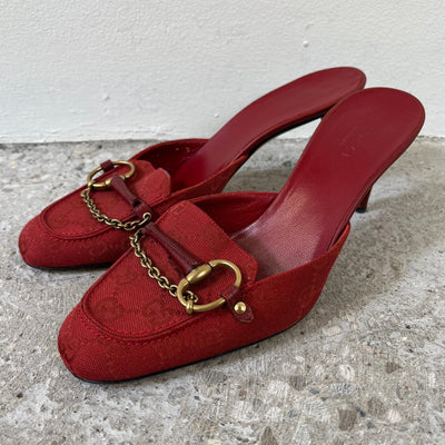 FW03 Gucci By Tom Ford Monogram Canvas Horsebit Chain Mule Heels