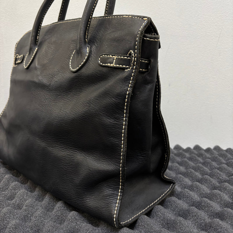 Contrast Stitching Leather Firkin Handbag