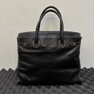 Contrast Stitching Leather Firkin Handbag