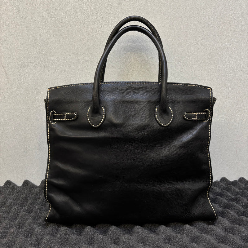 Contrast Stitching Leather Firkin Handbag