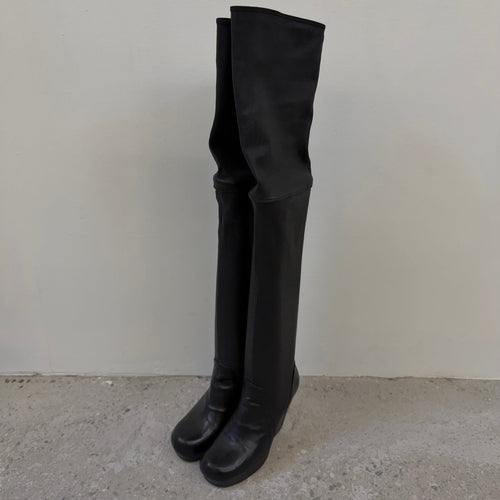 FW07 Rick Owens “Exploder” Oiled Leather Over-The-Knee Wedge Boots