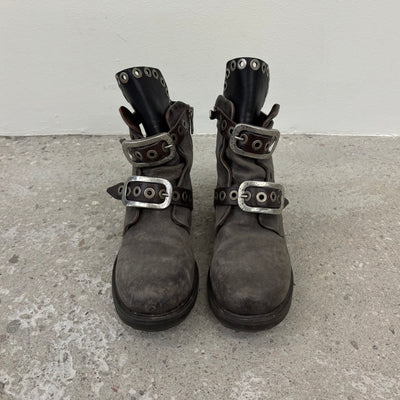 A.S. 98 Grey Buckle Leather Ankle Boots
