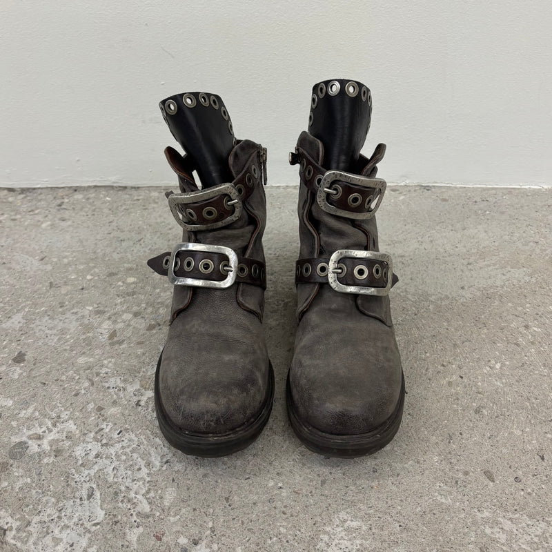 A.S. 98 Grey Buckle Leather Ankle Boots