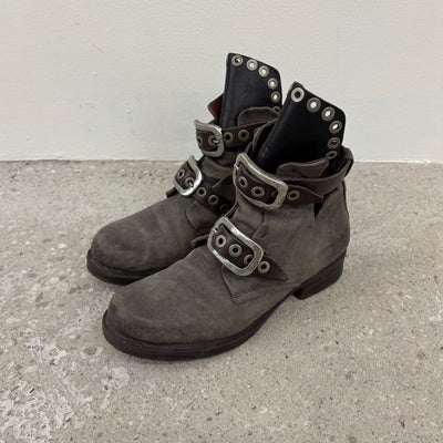 A.S. 98 Grey Buckle Leather Ankle Boots