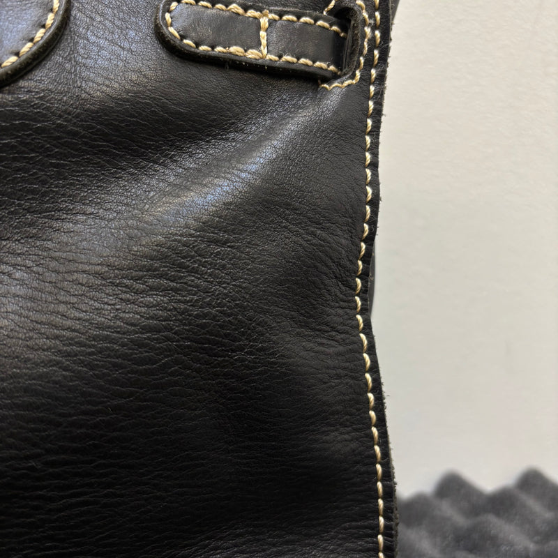 Contrast Stitching Leather Firkin Handbag