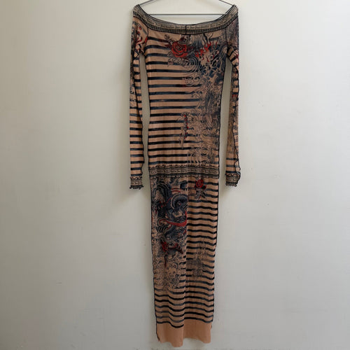 SS23 Jean Paul Gaultier Tattoo Print Mesh Dress Off-Shoulder Stripe Maxi Dress