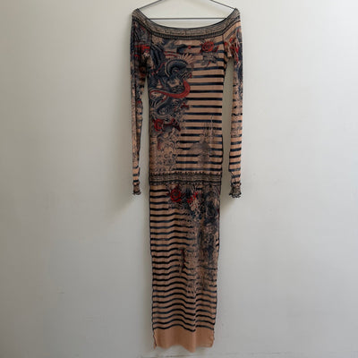 SS23 Jean Paul Gaultier Tattoo Print Mesh Dress Off-Shoulder Stripe Maxi Dress
