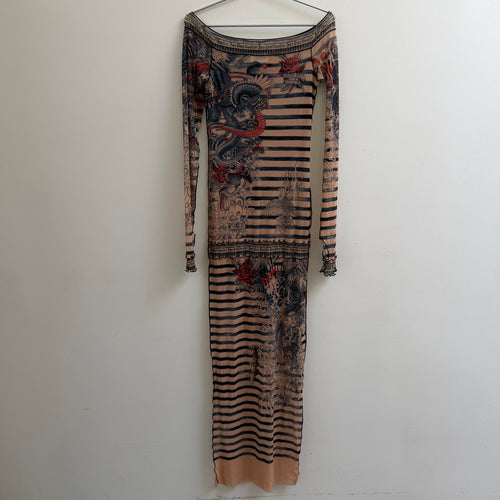 SS23 Jean Paul Gaultier Tattoo Print Mesh Dress Off-Shoulder Stripe Maxi Dress