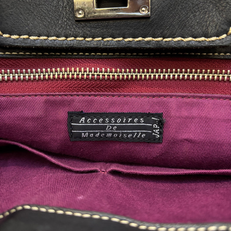 Contrast Stitching Leather Firkin Handbag