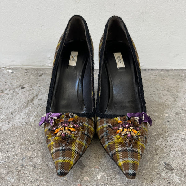 FW04 Prada Tartan Plaid Embellished Pump Heels