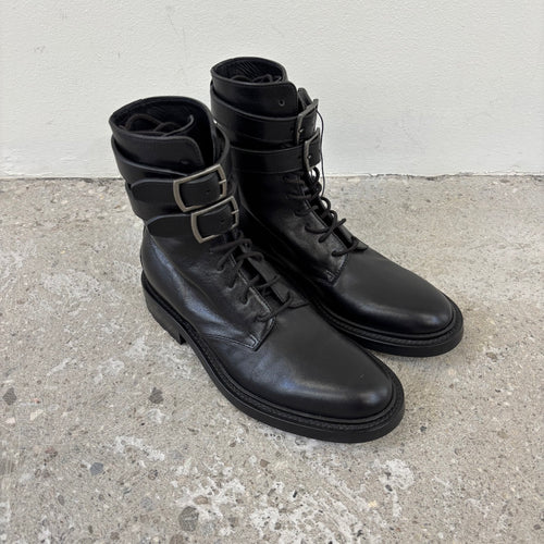 FW20 Saint Laurent Army 20 Black Leather Buckled Military Combat Boots