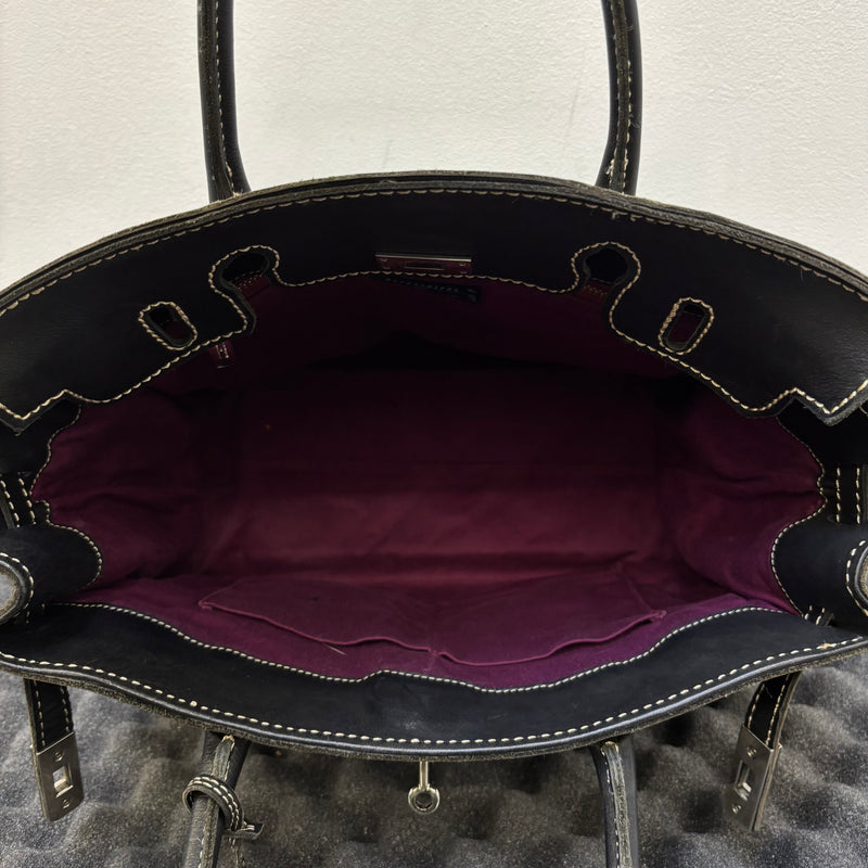 Contrast Stitching Leather Firkin Handbag
