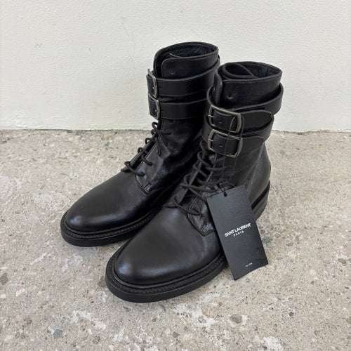 FW20 Saint Laurent Army 20 Black Leather Buckled Military Combat Boots