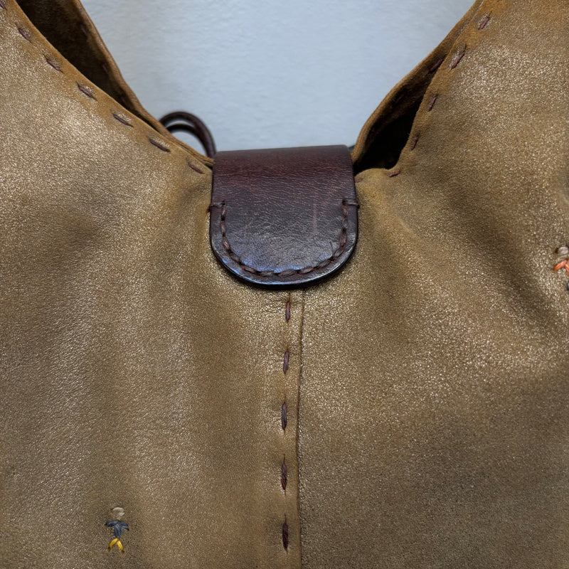 Henry Beguelin Embroidered Suede Leather Hobo Bag