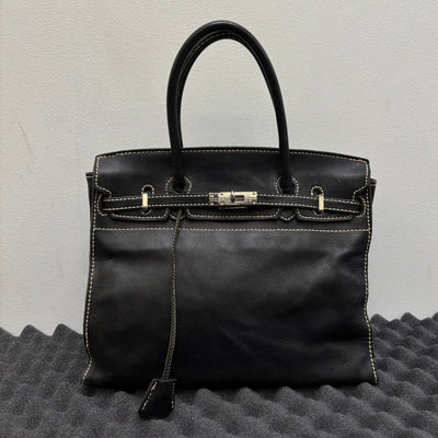 Contrast Stitching Leather Firkin Handbag