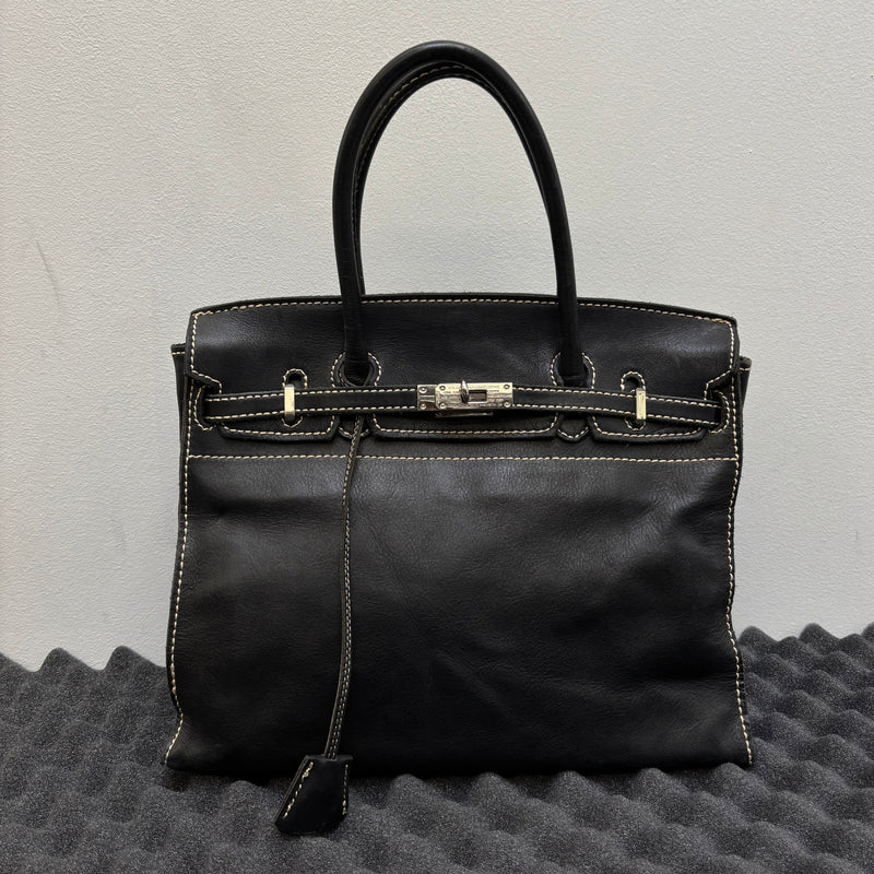 Contrast Stitching Leather Firkin Handbag