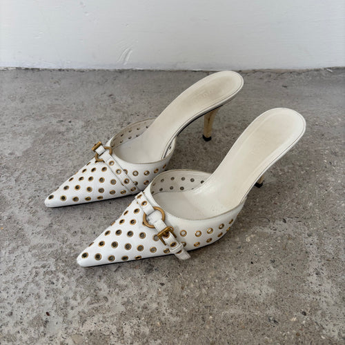 Gucci by Tom Ford Gold Grommet Pointed Leather Kitten Heels