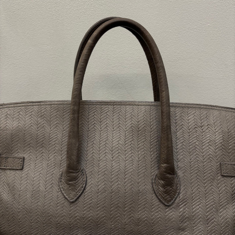 Grey Fishnet Patterned Leather Firkin Handbag