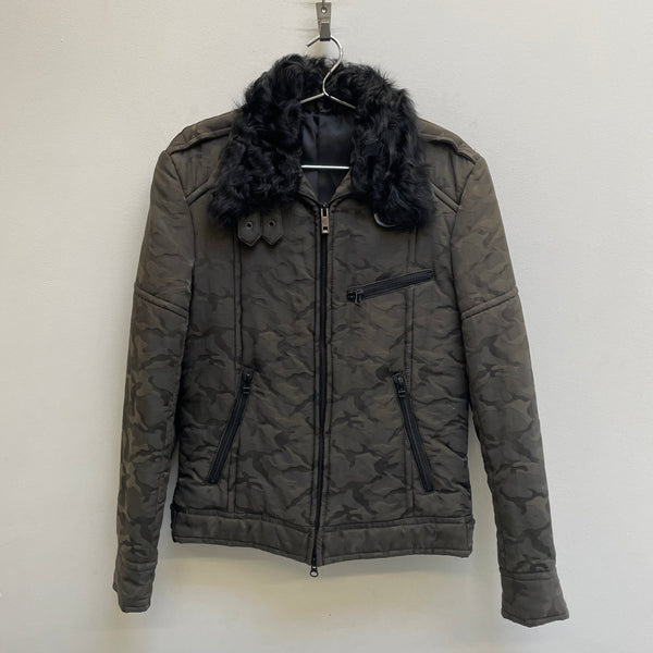 Shellac Embossed Camo Fur Trim Jacket