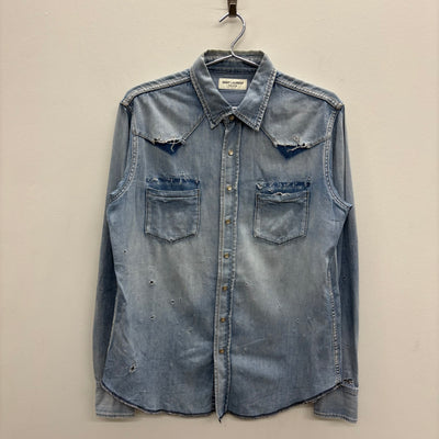 SS19 Yves Saint Laurent Paris Heavy Distressed Denim Shirt