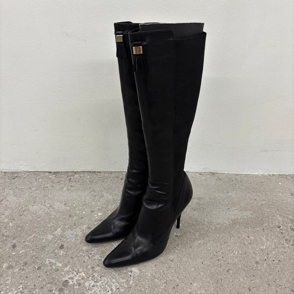 00s Yves Saint Laurent Leather Tassel Accent Knee High Boots