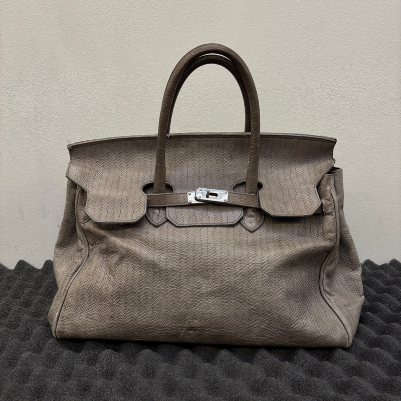 Grey Fishnet Patterned Leather Firkin Handbag