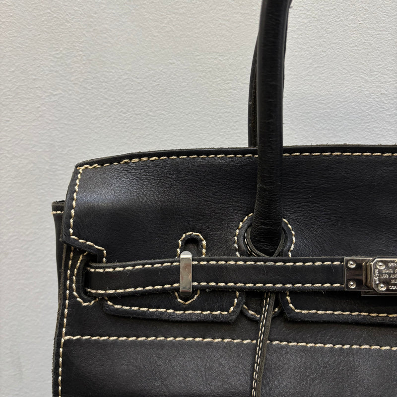 Contrast Stitching Leather Firkin Handbag