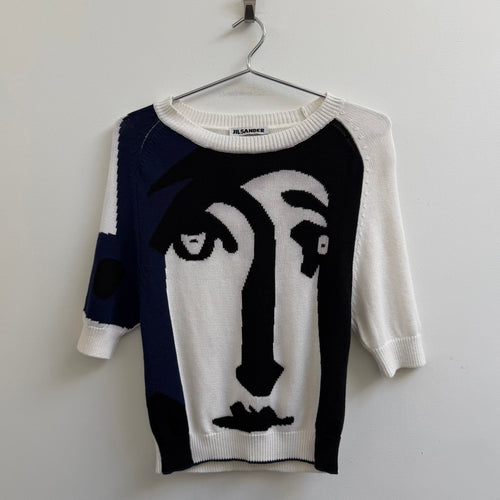 SS12 Jil Sander Picasso Face Intarsia Knit Short-Sleeve Knit Top
