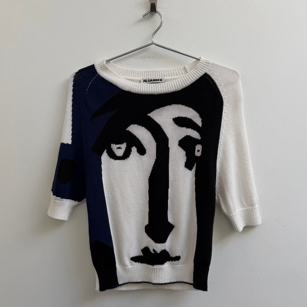 SS12 Jil Sander Picasso Face Intarsia Knit Short-Sleeve Knit Top