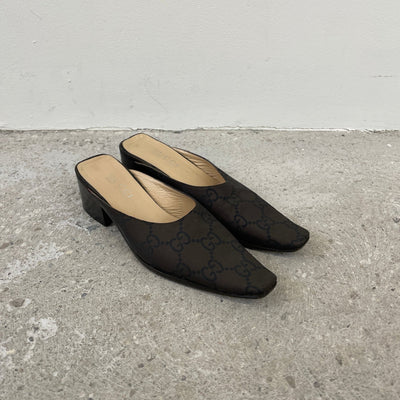 SAMPLE Gucci Monogram Low Block Heel Mules