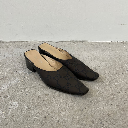 SAMPLE Gucci Monogram Low Block Heel Mules