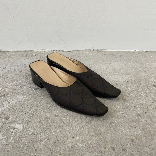 SAMPLE Gucci Monogram Low Block Heel Mules