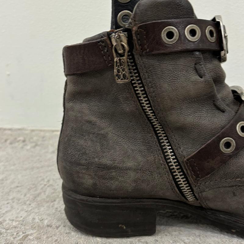 A.S. 98 Grey Buckle Leather Ankle Boots