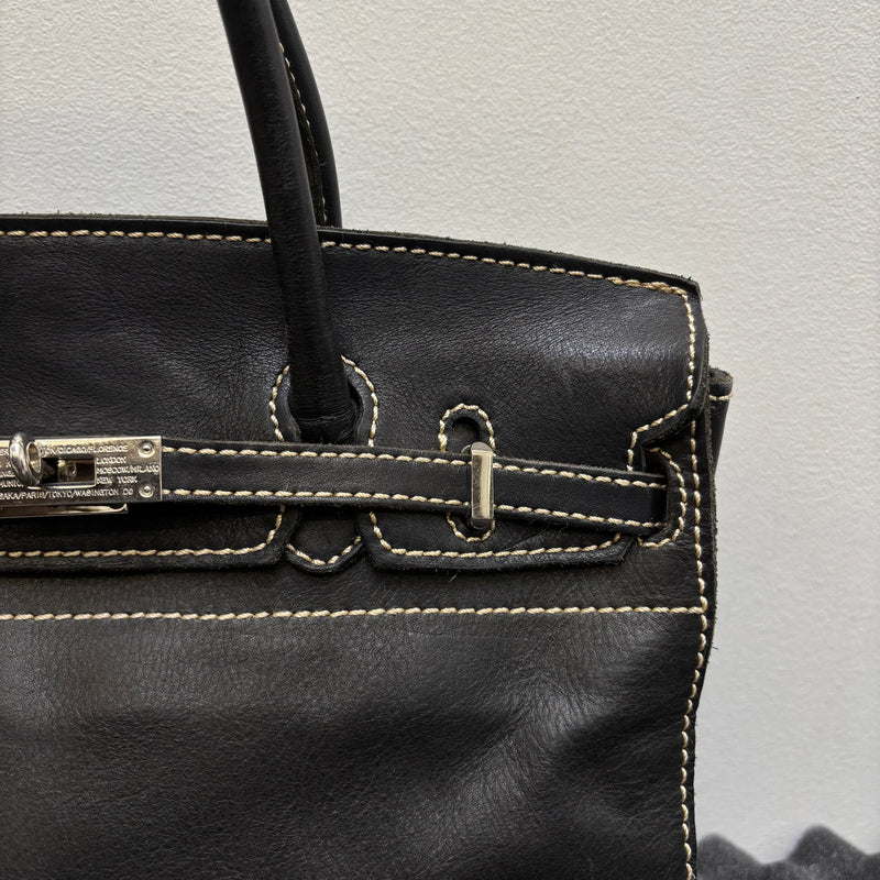 Contrast Stitching Leather Firkin Handbag