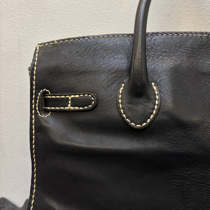 Contrast Stitching Leather Firkin Handbag